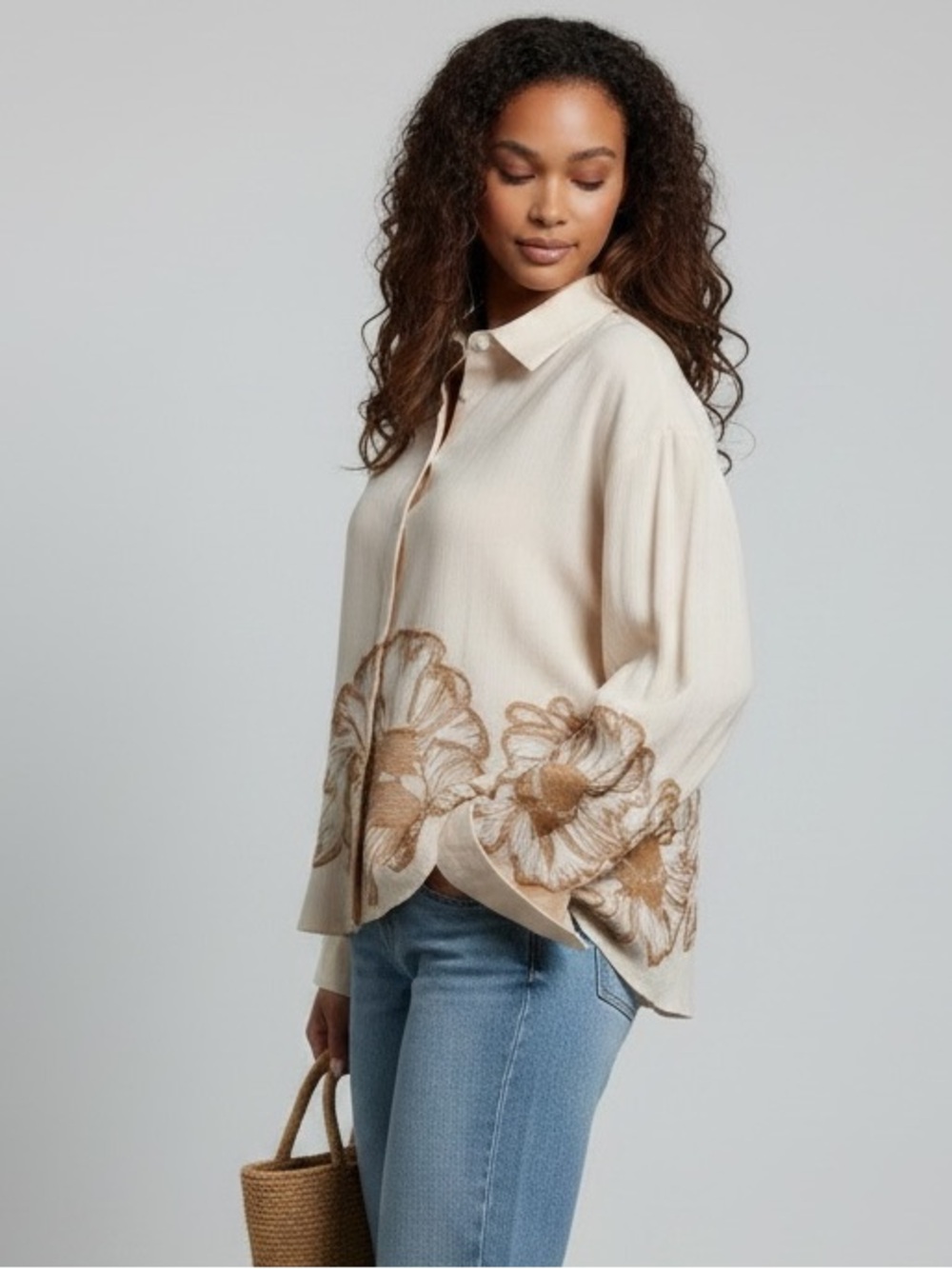 1490 • Taupe/Warm Brown Rayon Blend Woven Botanical Sketch Embroidery Blouse